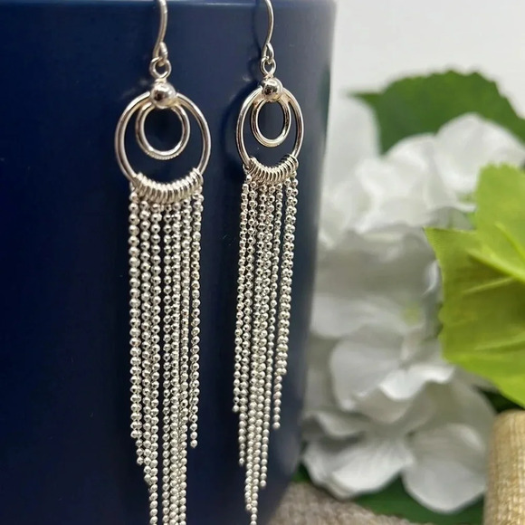 Vintage 925 Long Tassel Dangle Earrings with Elegant Silver Fringe Design - Picture 2 of 8